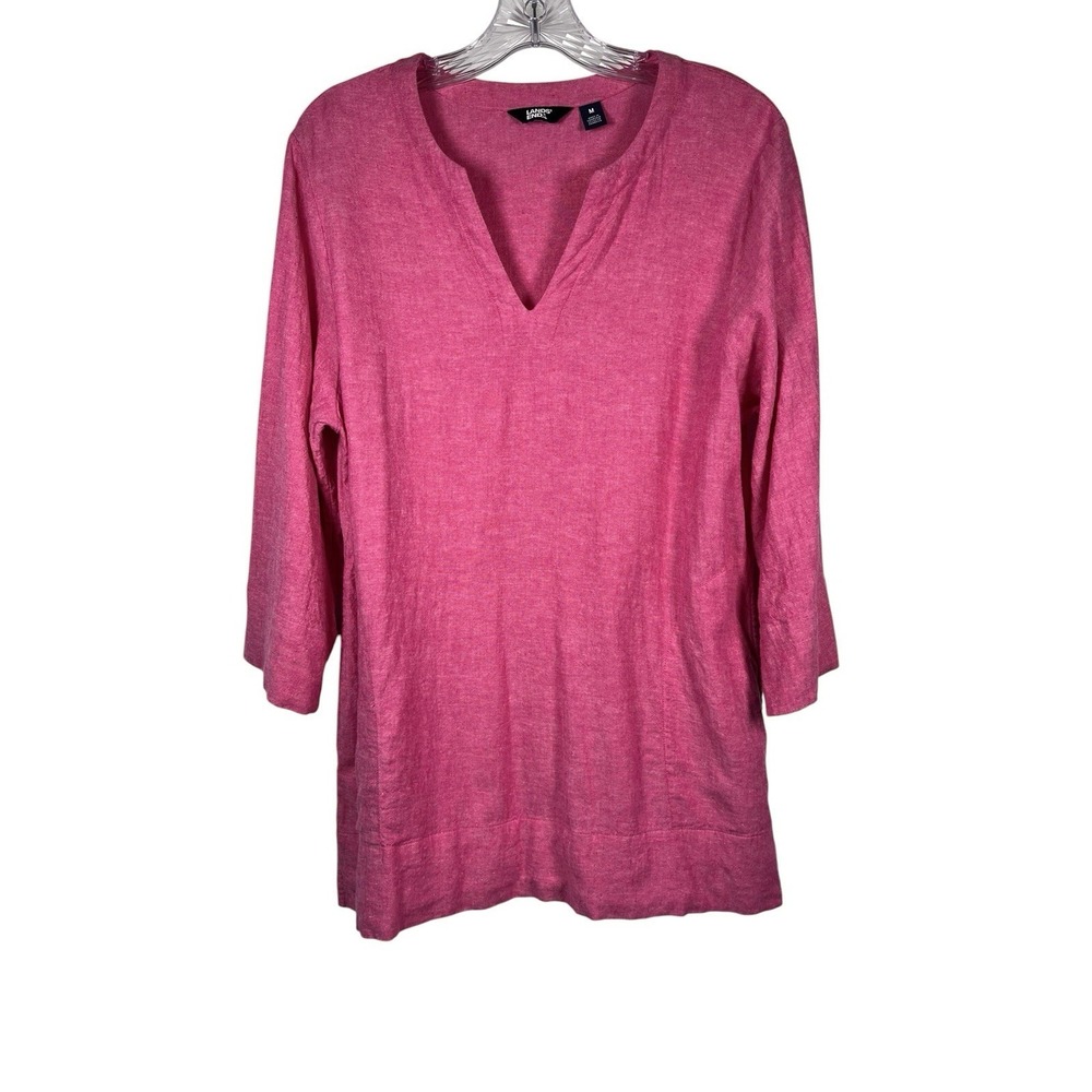LANDS END Sz M Linen Tunic Top Pink 3/4 Sleeve Pockets Lightweight Split V Neck